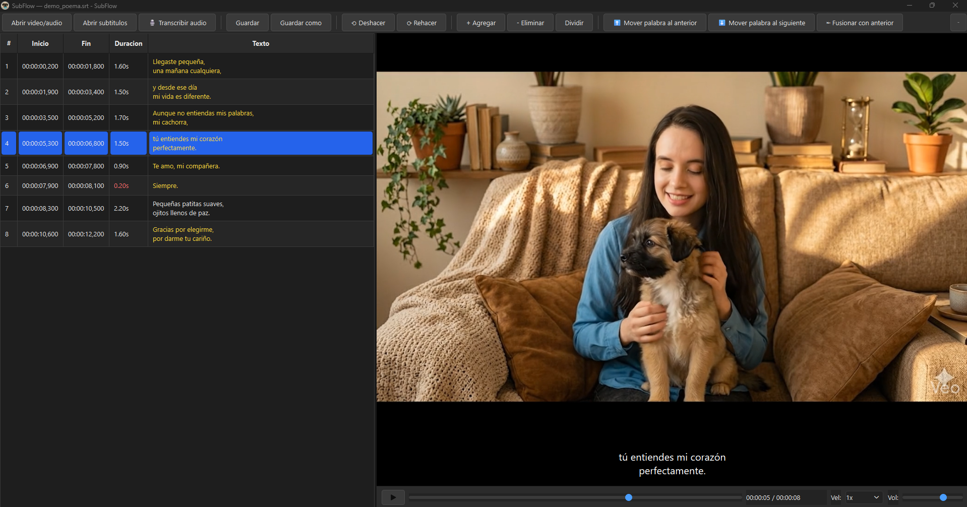SubFlow en acción: editor de subtítulos con video, tabla y preview en vivo